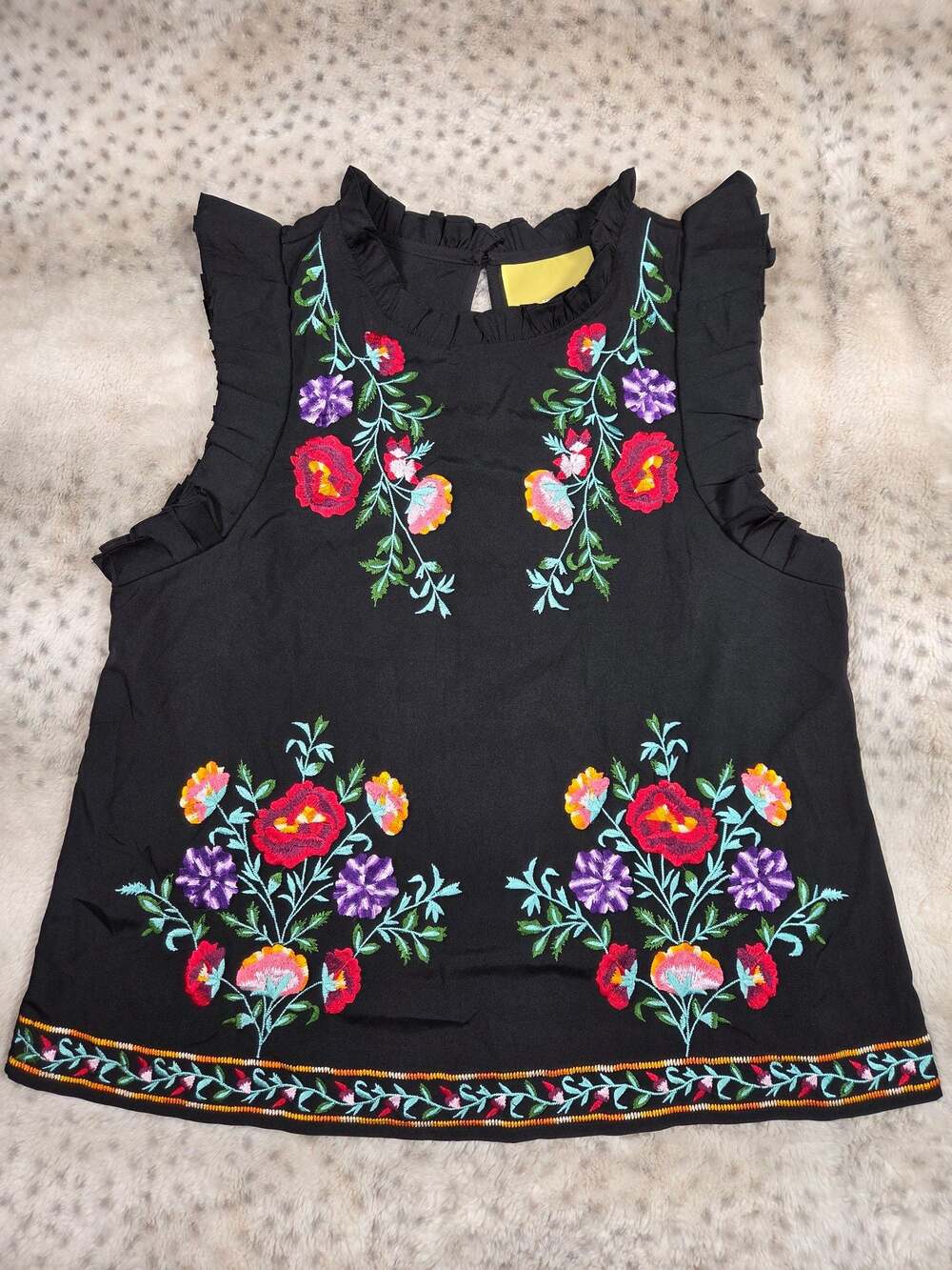 Anthropologie Maeve Black Floral Embroidered Ruffle Sleeveless Blouse M